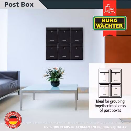 Burg-Wächter MB19BK Trent Wall Mounted Galvanised Steel Lockable Weatherproof Post Box, Black W: 26 cm, H: 34 cm, D: 9 cm – 6
