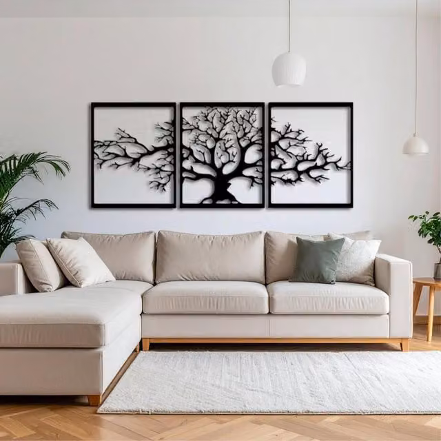 Decortie Platanus Triptych Metal Wall Art, Black Floral Botanical Design, 60 cm