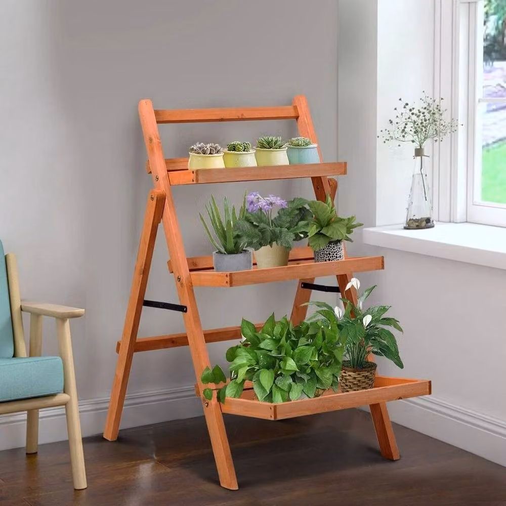 Kelvenix Foldable Wooden Flower Rack and Plant Stand in Brown, H 90 x W 55 x D 28 cm – 4