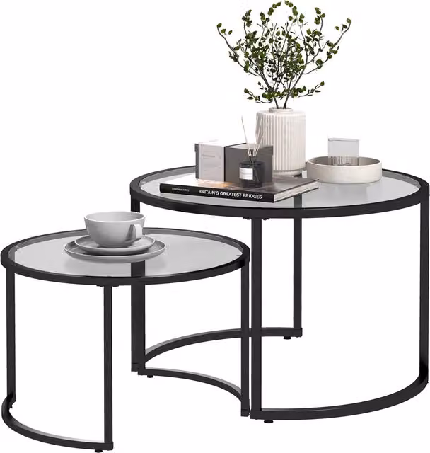 HOMCOM Set of 2 Round Nesting Coffee and Side Tables with Tempered Glass Surfaces and Black Painted Steel Frame – 1