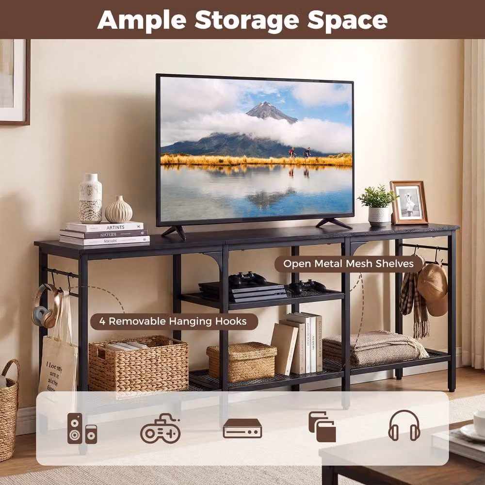 Gymax Industrial TV Stand and Media Console Table with Metal Mesh Shelves in Black – 5