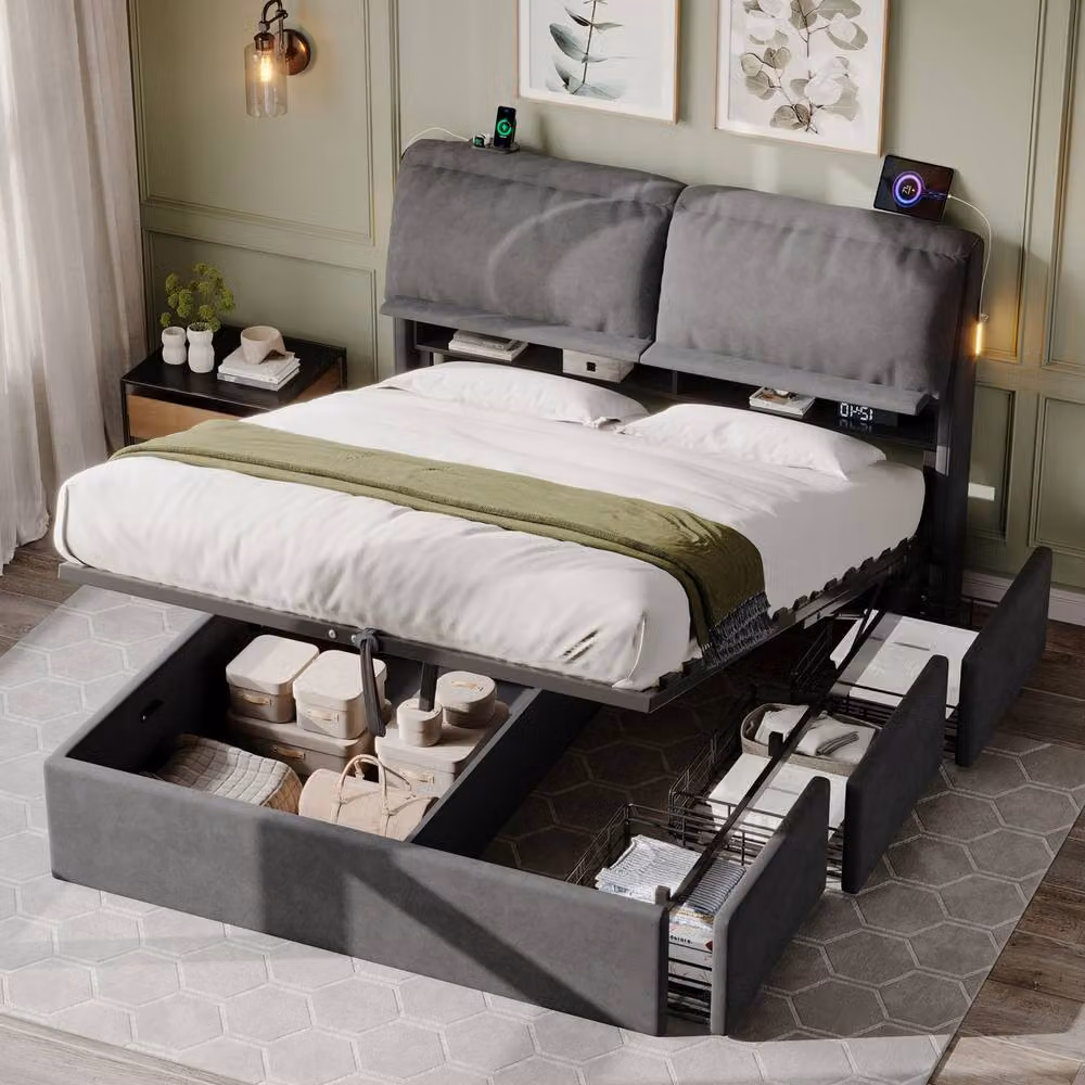 Merax 5ft King Ottoman Bed in Grey with Drawers, LED Lighting and USB Charging Station – 4