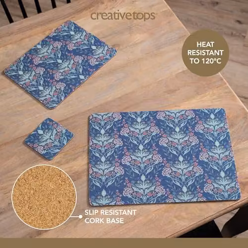 Creative Tops Set of 4 Blue Floral Art Nouveau Rectangular Placemats with Cork Backing, W: 30 cm, D: 22 cm, H: 1.5 cm – 4