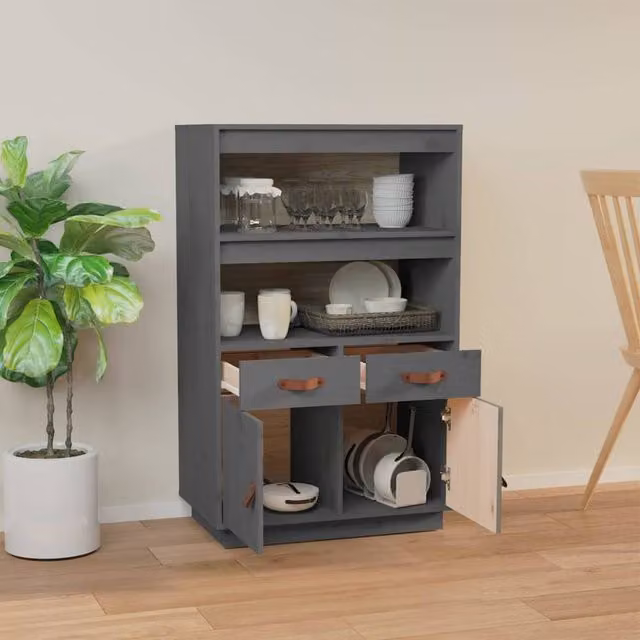 Berkfield Home Grey Solid Wood Pine Highboard with Hinged Doors and Internal Shelves, W/D/H: 67 x 40 x 108.5 cm – 1