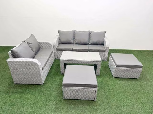 Fimous 7 Seater Grey PE Rattan Wicker Garden Furniture Set with 3 Seater Sofa, Love Seat, 2 Ottomans and Oblong Coffee Table