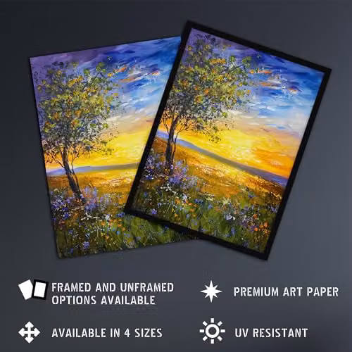 Artery8 Tree Wildflower Meadow at Sunset Oil Painting Poster Print, Multicolour, W: 45.72 cm, H: 60.96 cm – 2