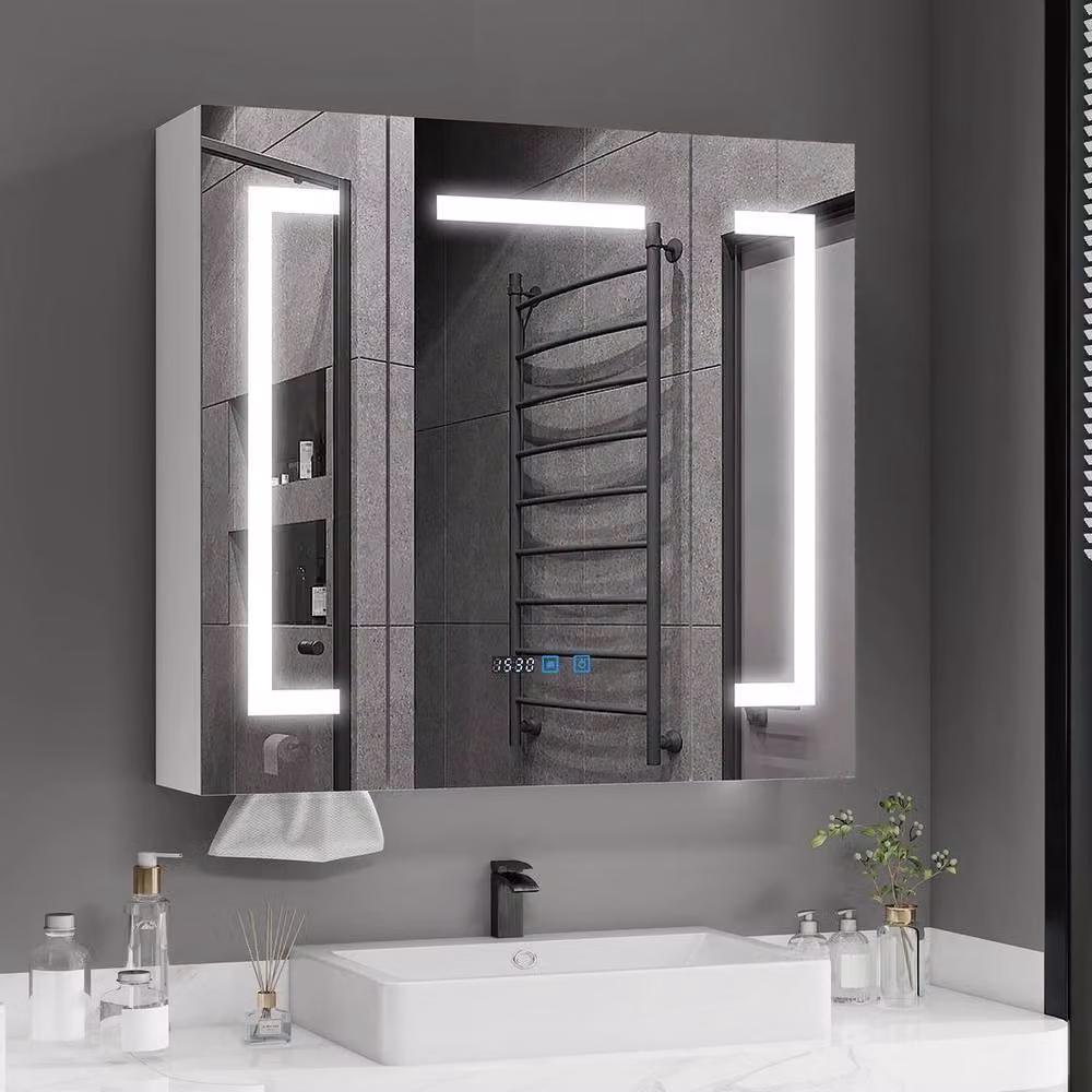 FORGEVIO Modern White 3-Door LED Bathroom Mirror Cabinet with Integrated Lighting and Internal Shelves – 2