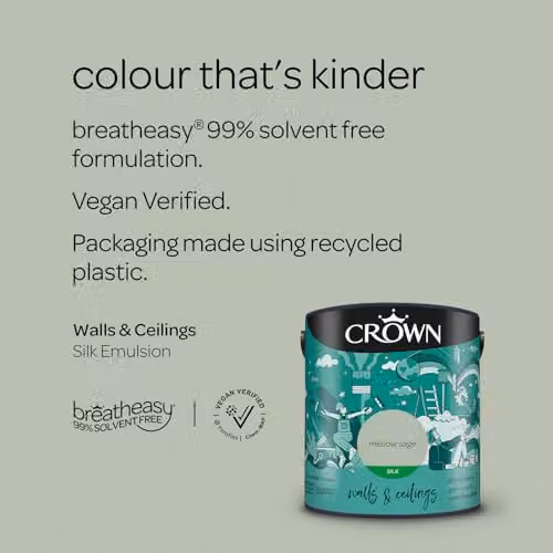 Crown Silk 2.5L Emulsion in Mellow Sage Green, Water-Based Satin Gloss Finish – 2
