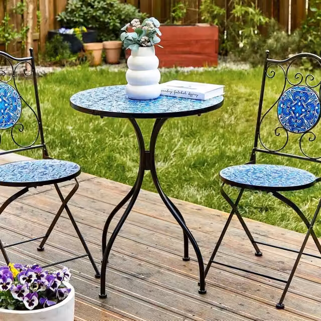 Wyld and Coco Vintage Bistro Table with Blue Mosaic Ceramic Top and Black Powder Coated Iron Frame, Diameter: 60 cm