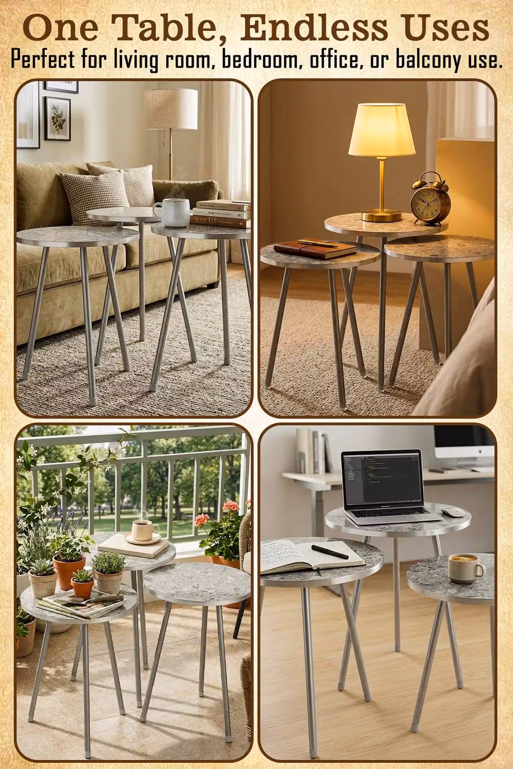 Hygrad Built to Survive Set of 3 Round Wood and Metal Nesting Tables in Grey – 4