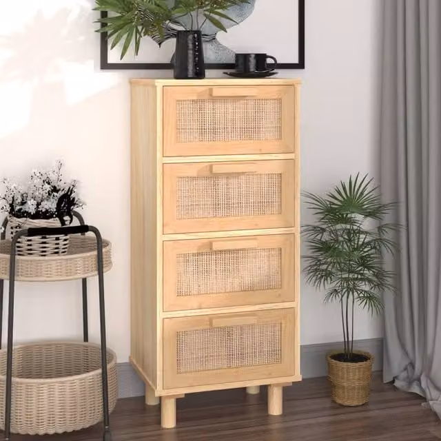 Berkfield Home Brown Scandinavian Sideboard in Solid Pine and Natural Rattan, W/D/H: 40 x 30 x 90 cm
