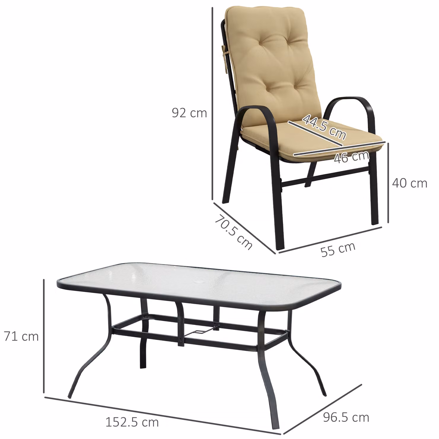 Outsunny 7-Piece Garden Dining Set with Tempered Glass Rectangular Table and 6 Texteline Chairs with Cushions, Beige – 3
