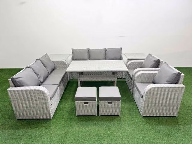 Fimous PE Rattan High Back Lounge Sofa and Rectangular Dining Set in Light Grey with 3 Seater Sofa, Reclining Chair, Stools and 2 Side Tables