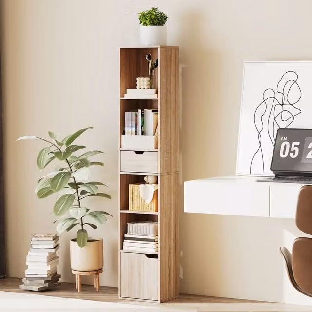 HOMCOM 6 Tier Narrow Bookshelf with Storage in Brown Natural Wood Finish