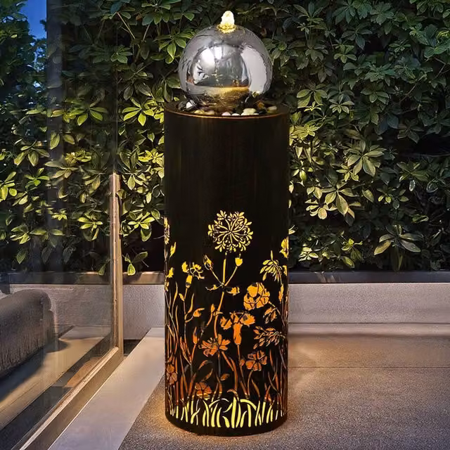 Primrose Wildflower Cut Out Design Garden Water Feature with LED Lights, Black, Height: 86 cm