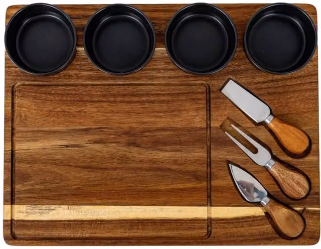 KDMD Acacia Wood Rectangular Cheese Board Set with Grey Ceramic Bowls and Cutlery in Brown
