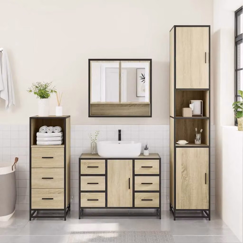Berkfield Home 3 Piece Industrial Bathroom Furniture Set in Sonoma Oak Brown, including Vanity Unit, Mirror Cabinet and Wall Cabinet – 3