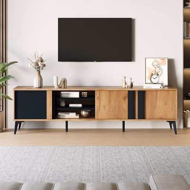 ModernLuxe Modern TV Cabinet with 3 Cabinets and 3 Open Shelves in Brown and Multicolour
