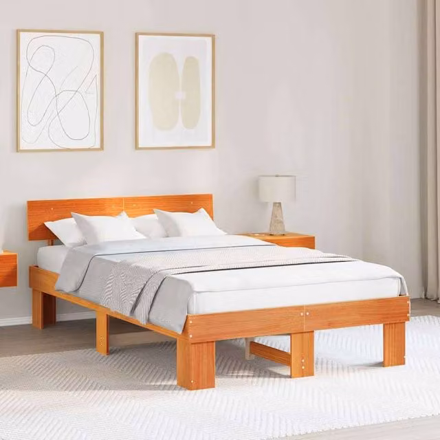Berkfield Home Solid Pine Wood Bed Frame with Headboard in Wax Brown, W: 135 cm, D: 190 cm, H: 73 cm