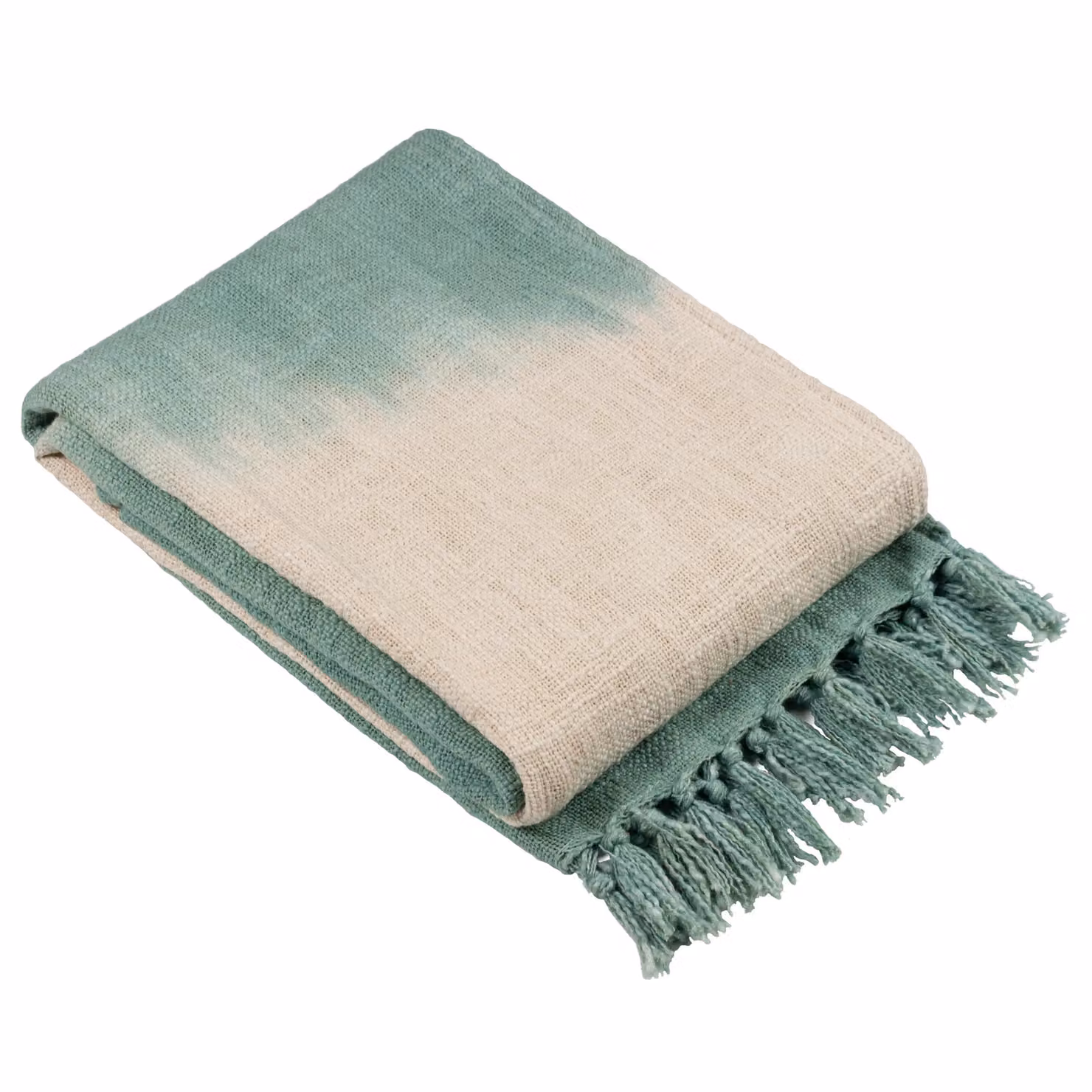 Furn Mizu Enzyme Washed Slub Dip-Dye Tasselled Cotton Throw in Green, W/D/H: 130 x 170 cm – 2