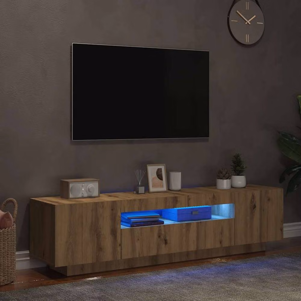 Berkfield Home Artisan Oak TV Cabinet with LED Lights in Brown, W/D/H: 160 x 35 x 40 cm – 3