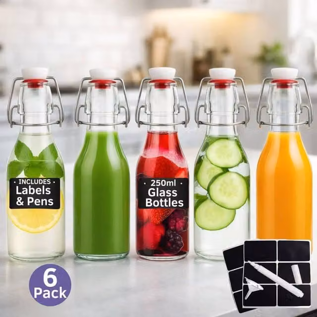 Volila 6 Pack Clear Glass Bottles with Clip Stoppers, 500ml each