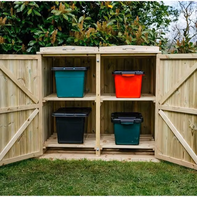 Buttercup Farm Shireburn 4 Box Timber Bin Store in Brown, W/D/H: 122.5 x 80.4 x 120 cm