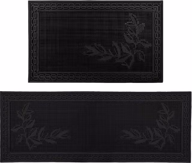 JVL Black Floral Rubber Mat and Runner Set