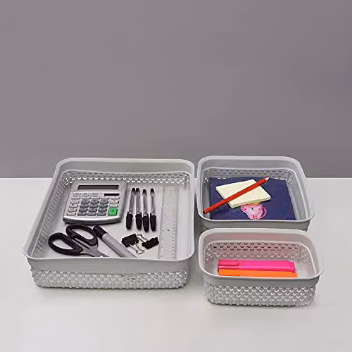JVL Droplette Set of 3 Open Weave Plastic Storage Baskets in Grey and Multicolour, W/D/H: 26.0 x 19.0 x 7.0 cm – 2