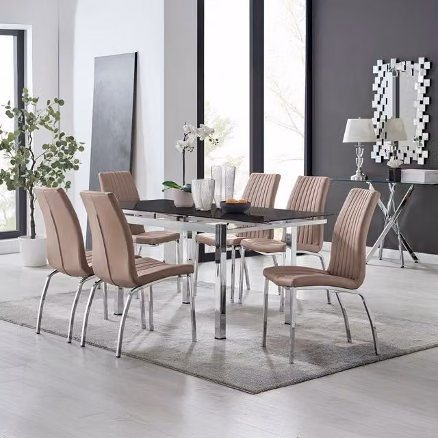 Furniturebox Enna Black Glass Extending Dining Table and 6 Isco Chairs in Cappuccino