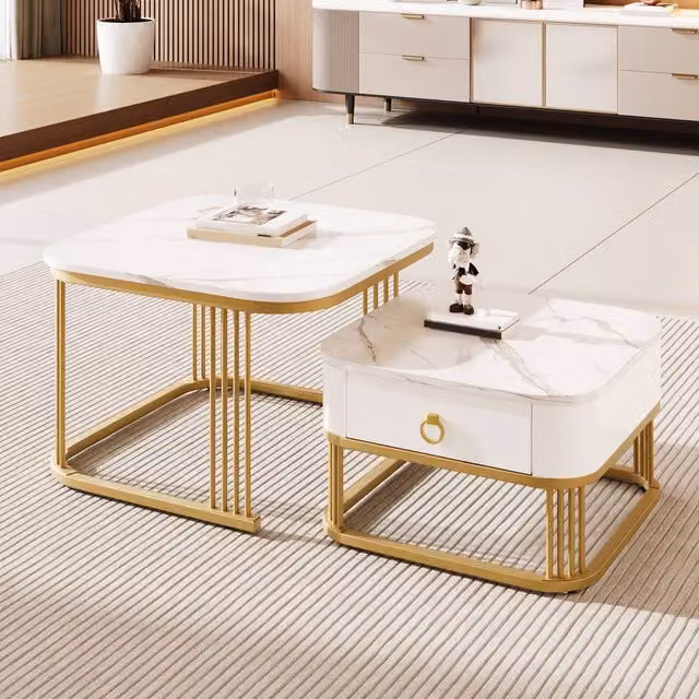 Merax 2 Piece High Gloss Marble Effect Nesting Coffee Table Set in White and Gold, W/D/H: 60 x 60 x 45 cm and 60 x 60 x 20 cm