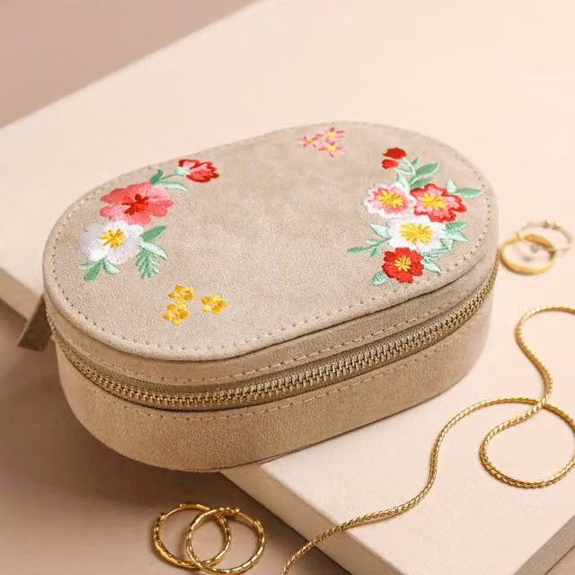 Lisa Angel Women's Floral Embroidered Oval Jewellery Box in Beige and Gold