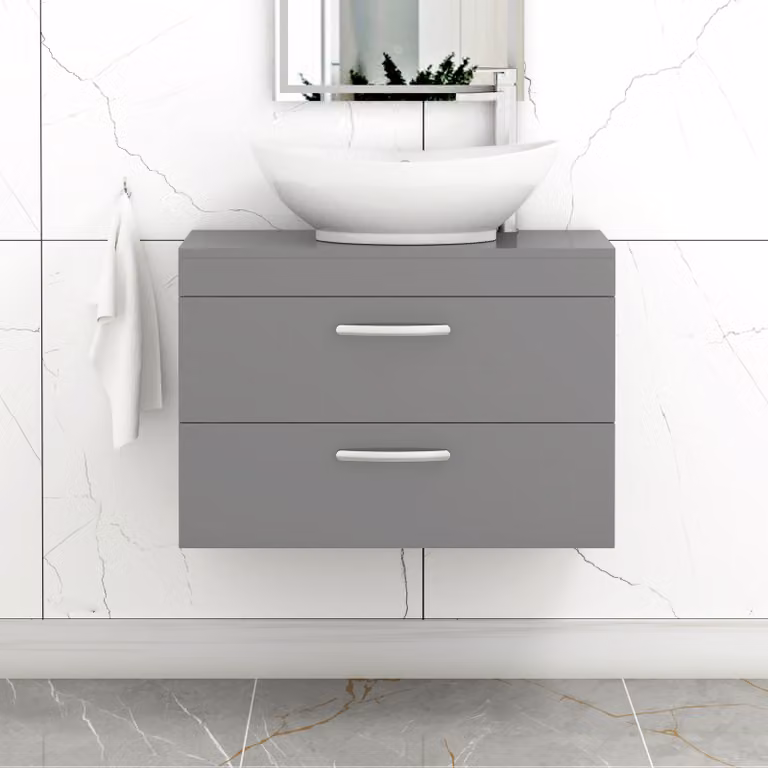 Amaze Turin 800mm Wall Hung Vanity Unit with 2 Drawers and Countertop Basin in Indigo Grey Gloss