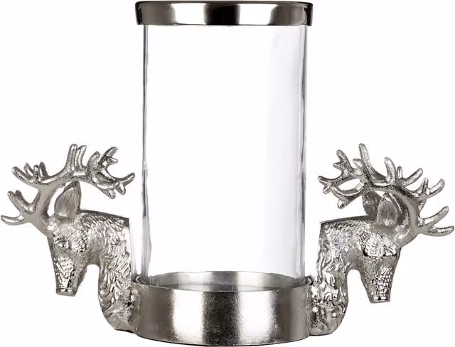 Orsina Stag Head Design Hurricane Candle Holder in Silver and Transparent Glass