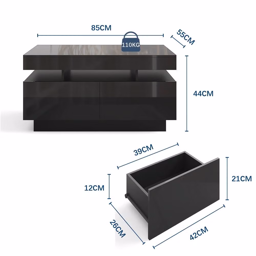 KEEPREAPER Modern Black Glossy Coffee Table with 4 Drawers, LED Lights and Glass Top, W: 85 cm, D: 55 cm, H: 44 cm – 3