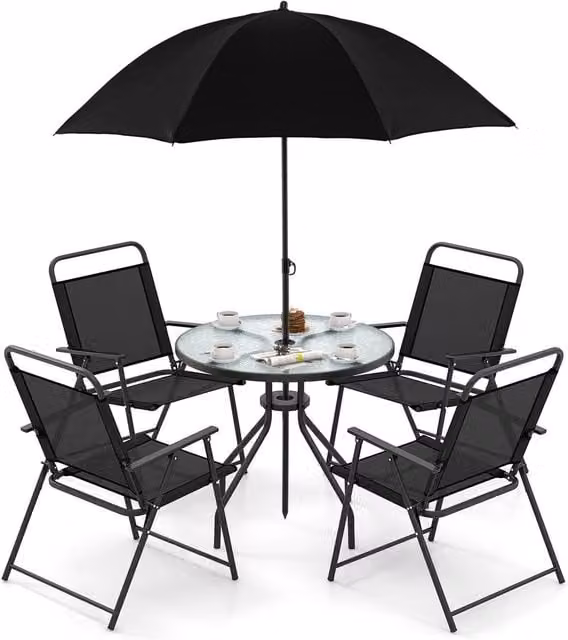 Gymax 6 Piece Outdoor Dining Set with Glass and Metal Table for 4 in Black