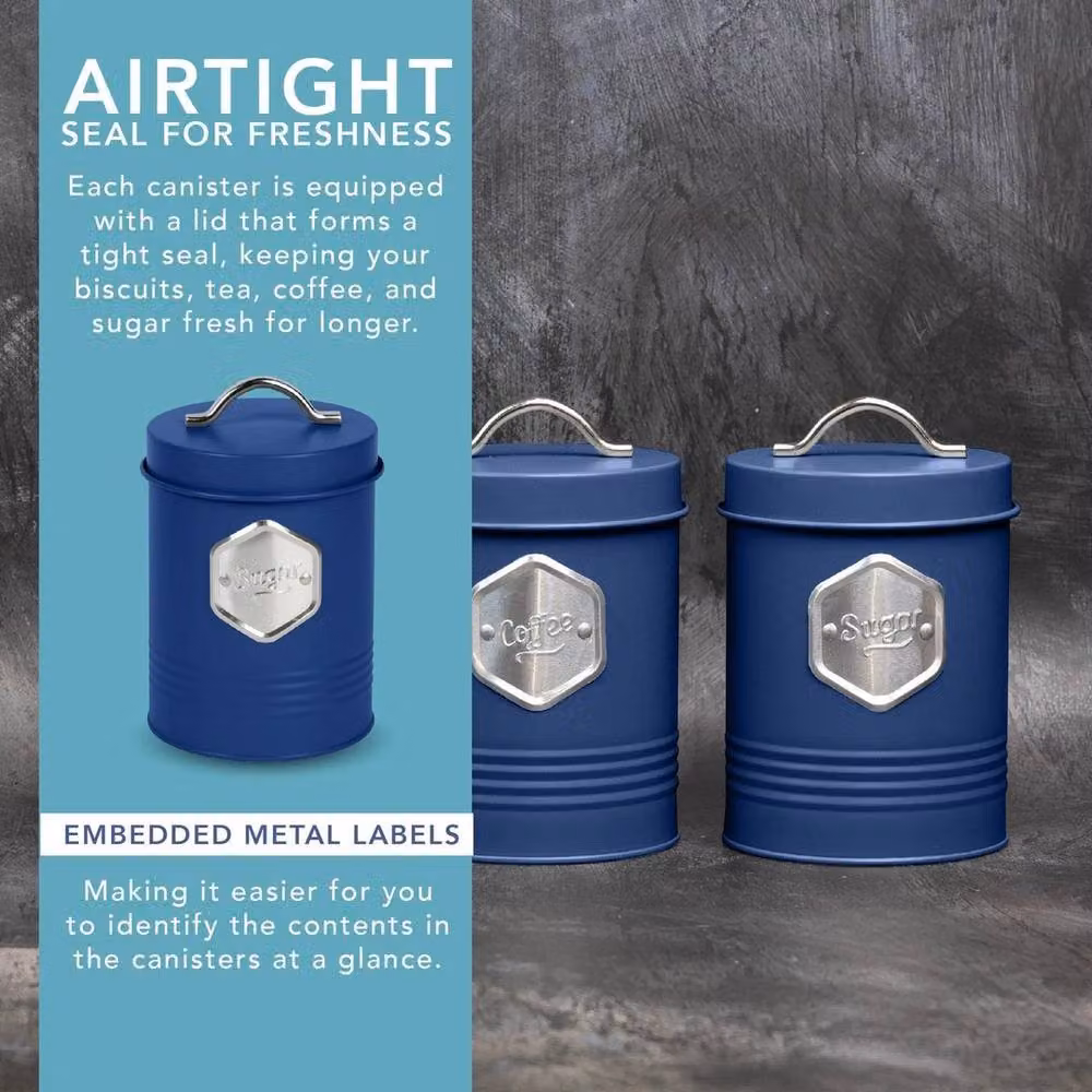 PAWNORA Airtight Metal Kitchen Canister Storage Containers in Blue and Silver – 4