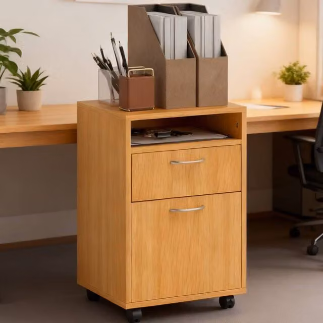 ERGOVEXA Mobile Filing Cabinet with 2 Drawers and Lock, Natural Wood Brown, H 60.0 cm x W 35.0 cm x D 40.0 cm