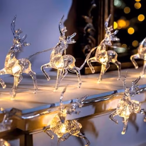 mysmartbuy Set of 10 Battery Powered LED Reindeer String Lights in Transparent White with Warm White Glow