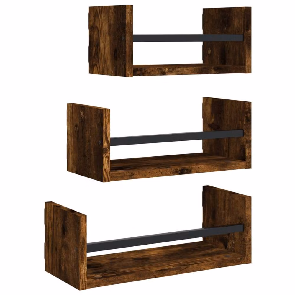Berkfield Home 3 Piece Wall Shelf Set with Bars in Smoked Oak Brown – 3