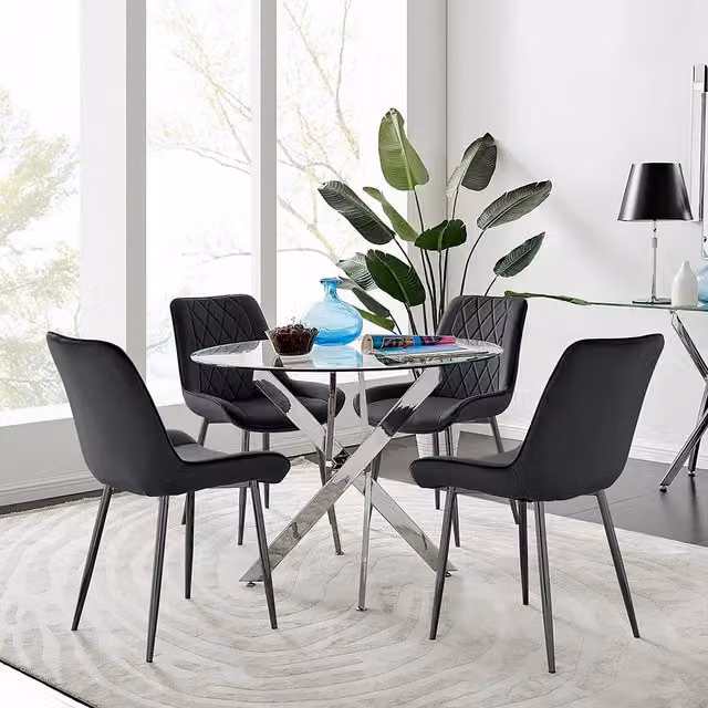 FurnitureboxUK Novara Round Glass Dining Table and 4 Pesaro Black Leg Chairs, Diameter: 100 cm – 1
