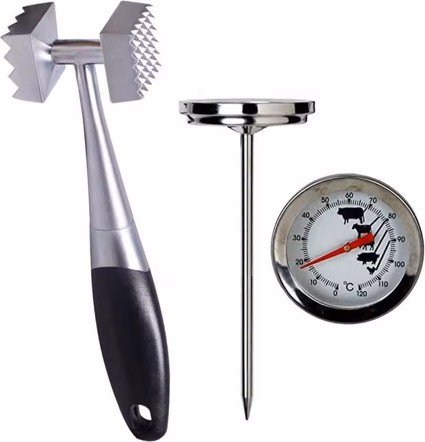 Simpa Stainless Steel Meat Tenderiser and Thermometer Set in Metallic Silver