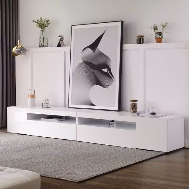Merax Modern White Glossy MDF LED TV Stand with Integrated Lighting, W: 240 cm, D: 38.5 cm, H: 35.5 cm