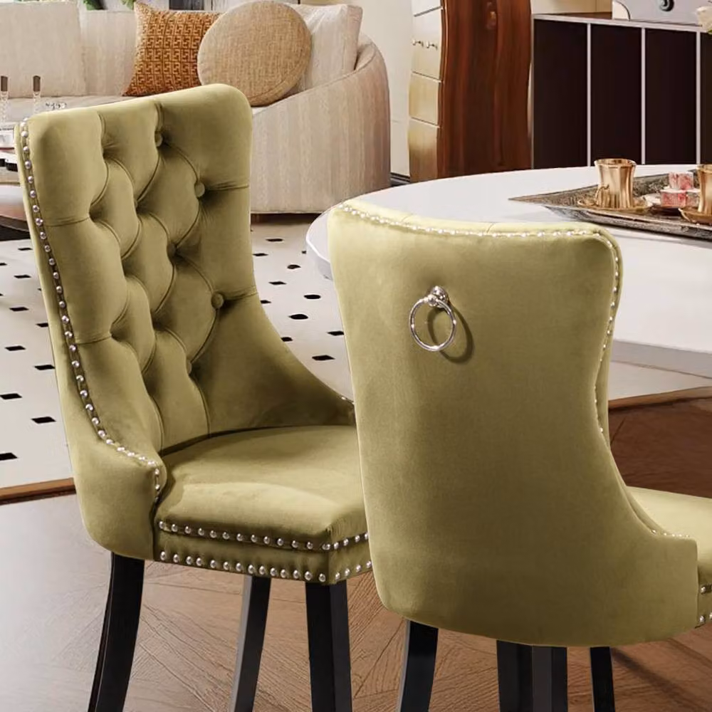 Modern Home Touch Romsey Set of 2 Velvet Upholstered Dining Chairs with Oak Legs and Knocker Ring Back in Green – 2