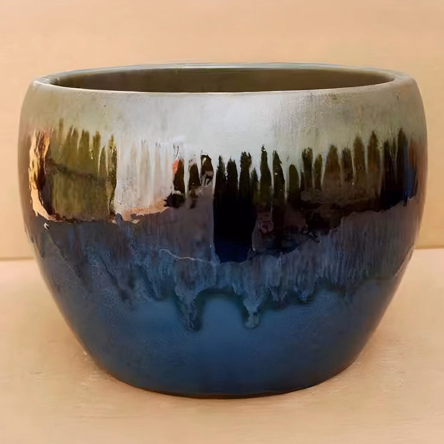 Primrose Glazed Round Outdoor Clay Planter in Blue, Gold and Green, Diameter: 22 cm – 3