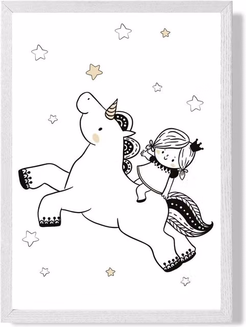 ARTZE Scandi Princess Little & Unicorn Framed Paper Poster, Multicolour, A3, Black Frame