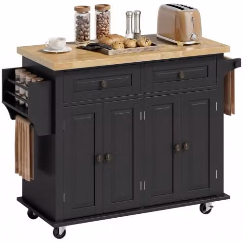 HOMCOM Black Kitchen Island on Wheels with Rubberwood Top and Spice Rack, W/D/H: 82.5 x 44.5 x 111 cm – 1