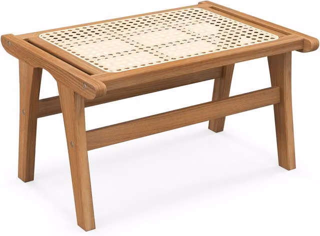 Gymax Natural Teak Wooden Patio Ottoman Footstool in Light Khaki