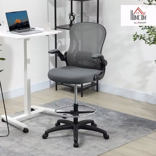 VINSETTO Grey Fabric Drafting Chair with Armrests and Foot Ring – 2