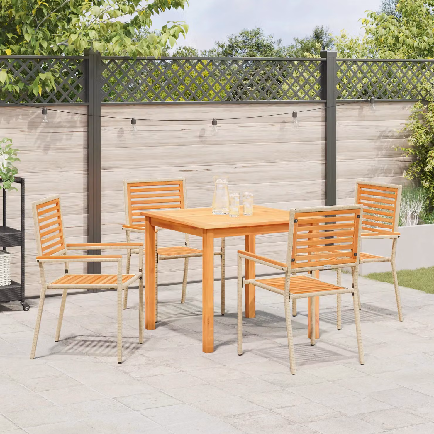 Berkfield Home 5 Piece Beige Poly Rattan and Acacia Wood Garden Dining Set – 3
